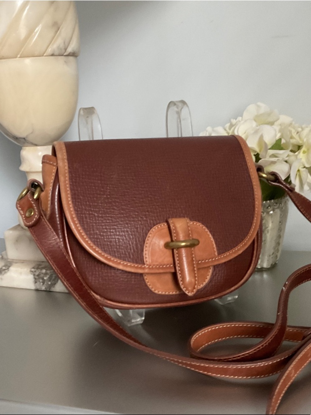 Leather Saddle Crossbody Bag in Brown and Tan